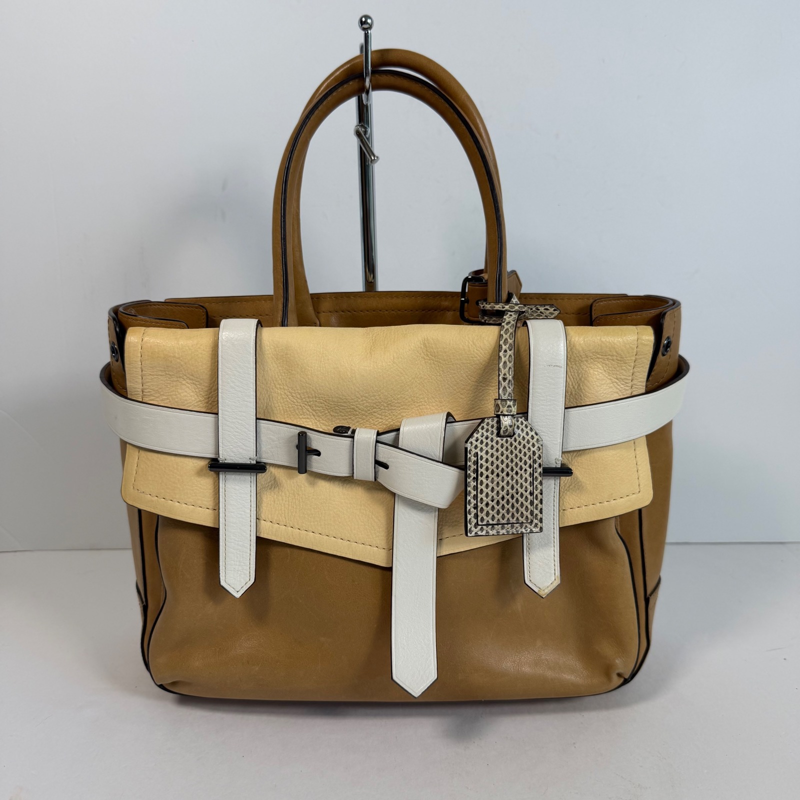 Reed Krakoff Boxer Tote Bag Leather Tan Ivory Satchel Snake Tag Purse